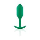 B-vibe Snug Plug 2 Weighted Silicone Anal Plug Green displayed against a white background.