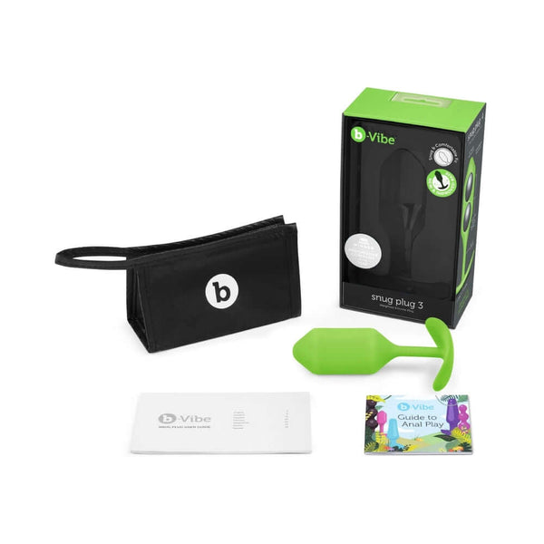 b-Vibe Snug Plug 3 Weighted Silicone Anal Plug Lime packaging, storage pouch, and manuals displayed together.