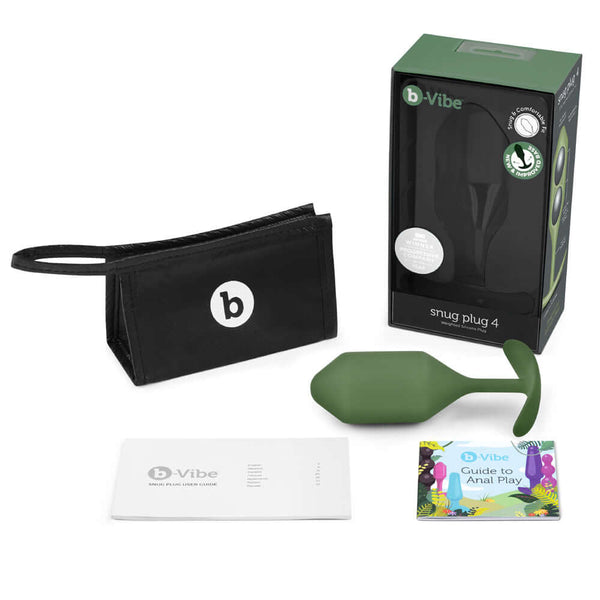 b-Vibe Snug Plug 4 Weighted Silicone Anal Plug Army with packaging and accessories displayed.