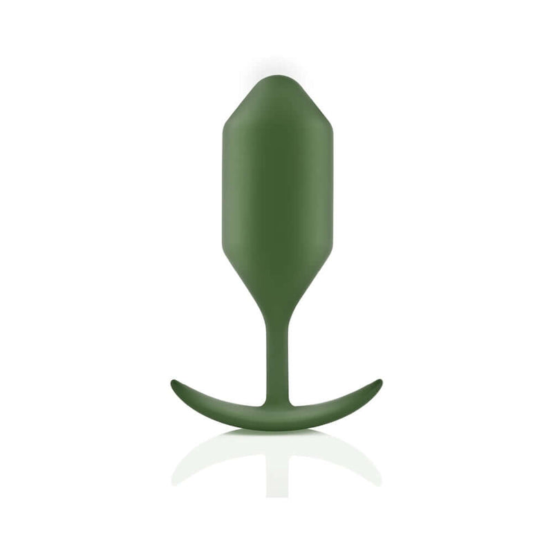 b-Vibe Snug Plug 4 Weighted Silicone Anal Plug Army in green silicone design for advanced anal stimulation.