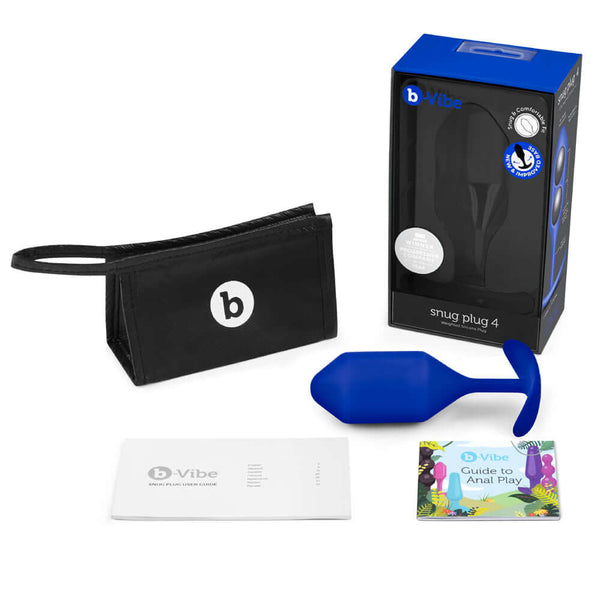 b-Vibe Snug Plug 4 Weighted Silicone Anal Plug Navy with packaging and accessories