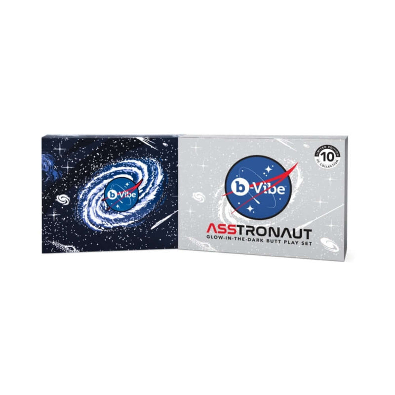 b Vibe 10 Piece Asstronaut Glow in the Dark Butt Play Set packaging design with galaxy background.