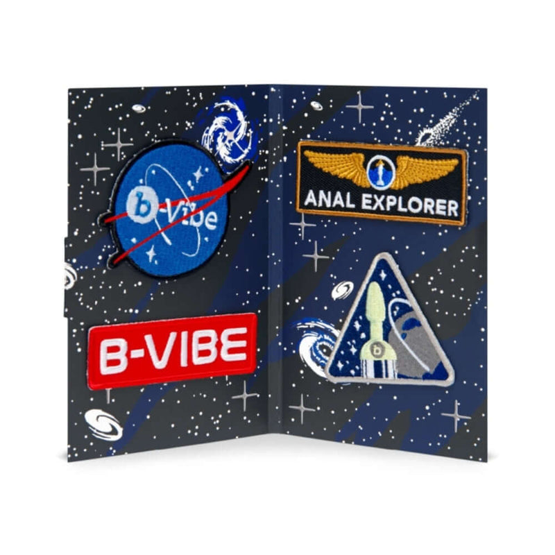 b Vibe 10 Piece Asstronaut Glow in the Dark Butt Play Set themed patches on a cosmic background.