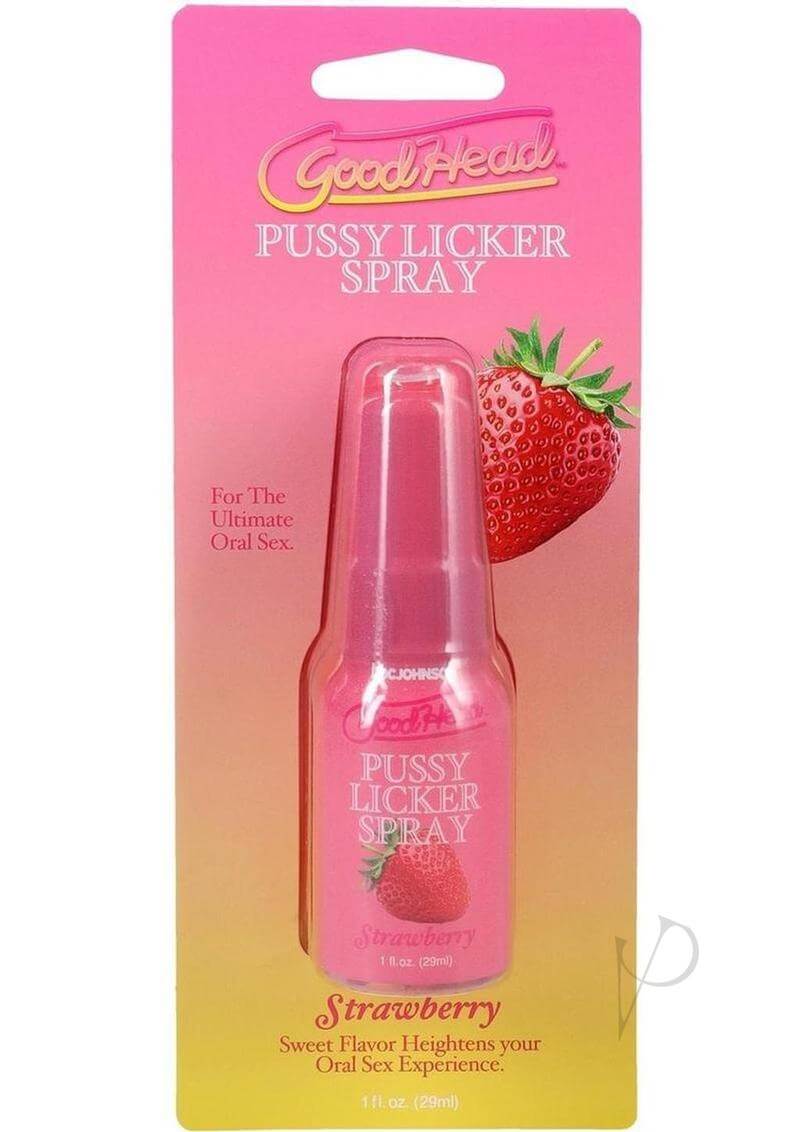 GoodHead Pussy Licker Spray Strawberry 1 Oz packaging featuring fruity strawberry flavor for enhanced oral play.