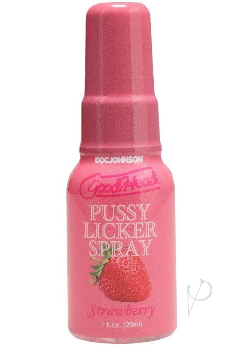 GoodHead Pussy Licker Spray Strawberry 1 Oz bottle with pink label and strawberry design.