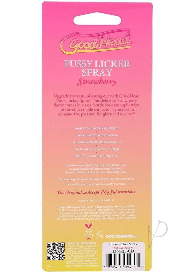 GoodHead Pussy Licker Spray Strawberry 1 Oz packaging showcasing flavor and usage instructions for enhanced intimate moments.