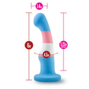 Avant Pride P2 Suction Cup Silicone Dildo True Blue with measurements, showing elegant shape and vivid colors.