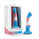 Avant Pride P2 Suction Cup Silicone Dildo True Blue in packaging with artistic design and vibrant colors.