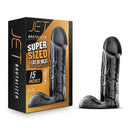 Jet Brutalizer 15 Inch Large Dildo Black packaging with measurement details and sleek design.
