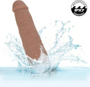 Rechargeable Vibrating & Thrusting Silicone Studs Caramel splashing in water, showing waterproof feature.
