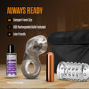 Stay Hard Clitoral Stimulating Cock Ring Set with Spiked Sleeve includes a compact travel size and USB rechargeable bullet.