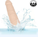 Rechargeable Vibrating & Thrusting Silicone Studs Vanilla splashing in water, highlighting waterproof feature.