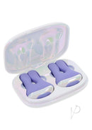 Playboy In A Pinch Nipple Clamps Purple displayed in a sleek case, featuring bunny-shaped clamps for nipple play.