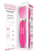 Bodywand Rumble 10 Inch Wand Massager Hot Pink in packaging showcasing features and controls for versatile intimate massage.