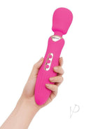 Bodywand Rumble 10 Inch Wand Massager Hot Pink in hand showcasing its design and control buttons.