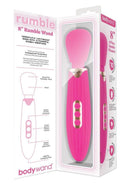 Bodywand Rumble 8 Inch Rechargeable Wand Massager Hot Pink in packaging showing features and controls.