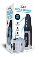 Zolo Suck And Squeeze Rechargeable Stroker Black Frost packaging showcasing features and design.