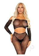Leg Avenue Rhinestone Fishnet Crop Top and Footless Tights in black, featuring a stylish off-shoulder design and shimmering details.