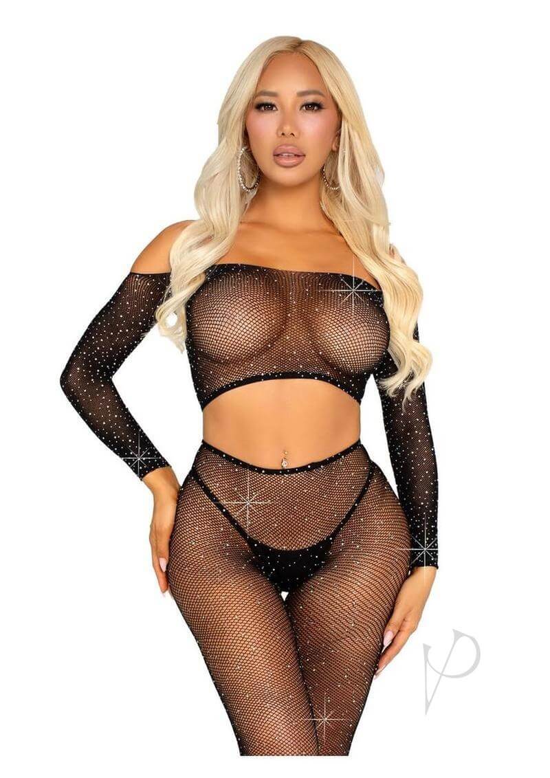 Leg Avenue Rhinestone Fishnet Crop Top and Footless Tights in black, featuring a stylish off-shoulder design and shimmering details.