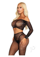 Leg Avenue Rhinestone Fishnet Crop Top and Footless Tights in black with stylish rhinestones, showcasing elegance and seduction.