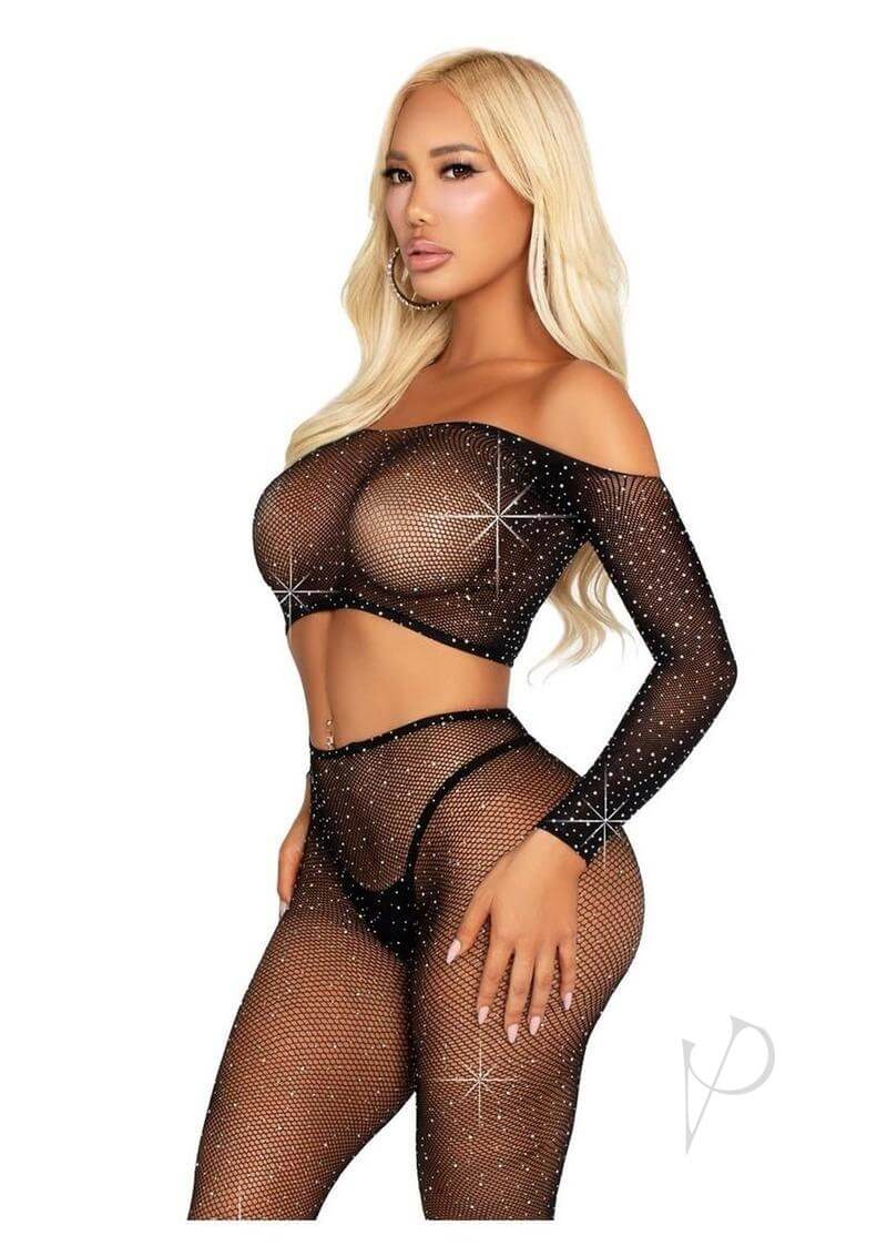 Leg Avenue Rhinestone Fishnet Crop Top and Footless Tights in black with stylish rhinestones, showcasing elegance and seduction.