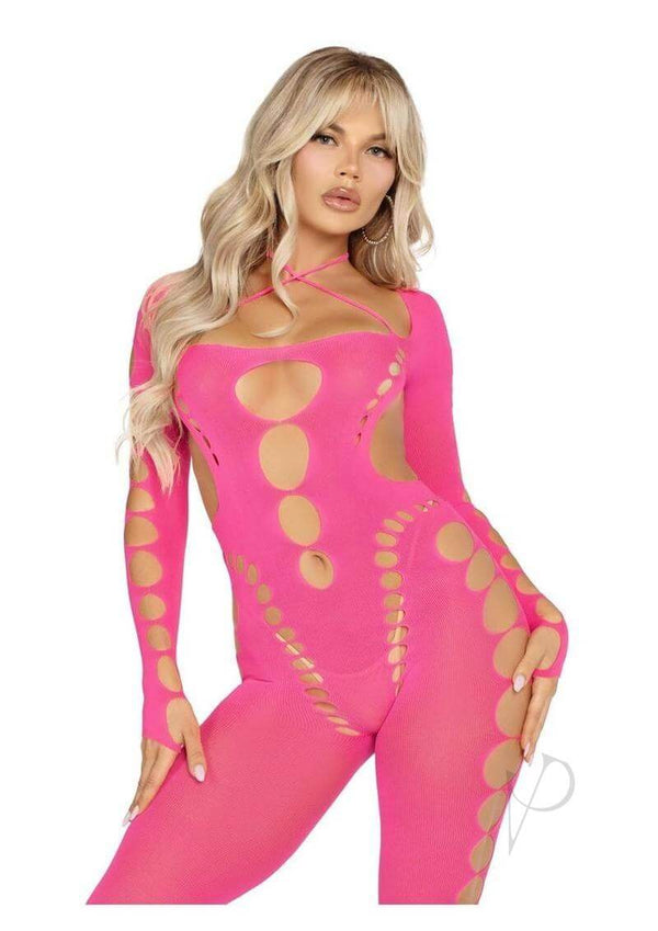 Pink seamless opaque bodystocking with cut-out design, perfect for enhancing curves and confidence in seductive lingerie.