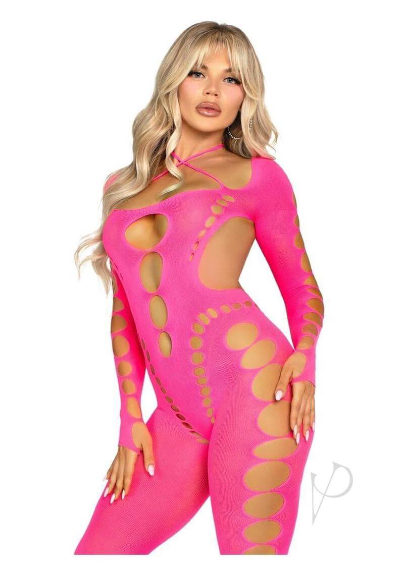 Leg Avenue Seamless Opaque Cut Out Bodystocking in pink, showcasing sensual design and curvy cuts for a striking look.