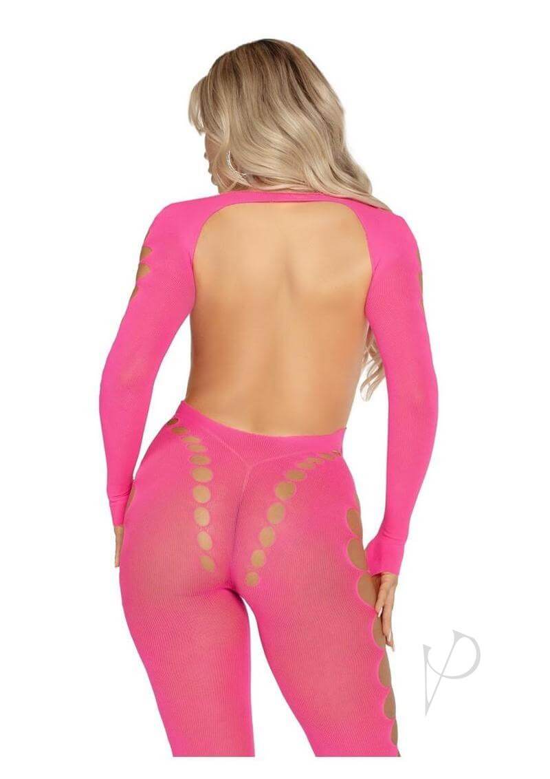 Leg Avenue pink seamless opaque cut-out bodystocking showcasing a low back design and elegant detailing.