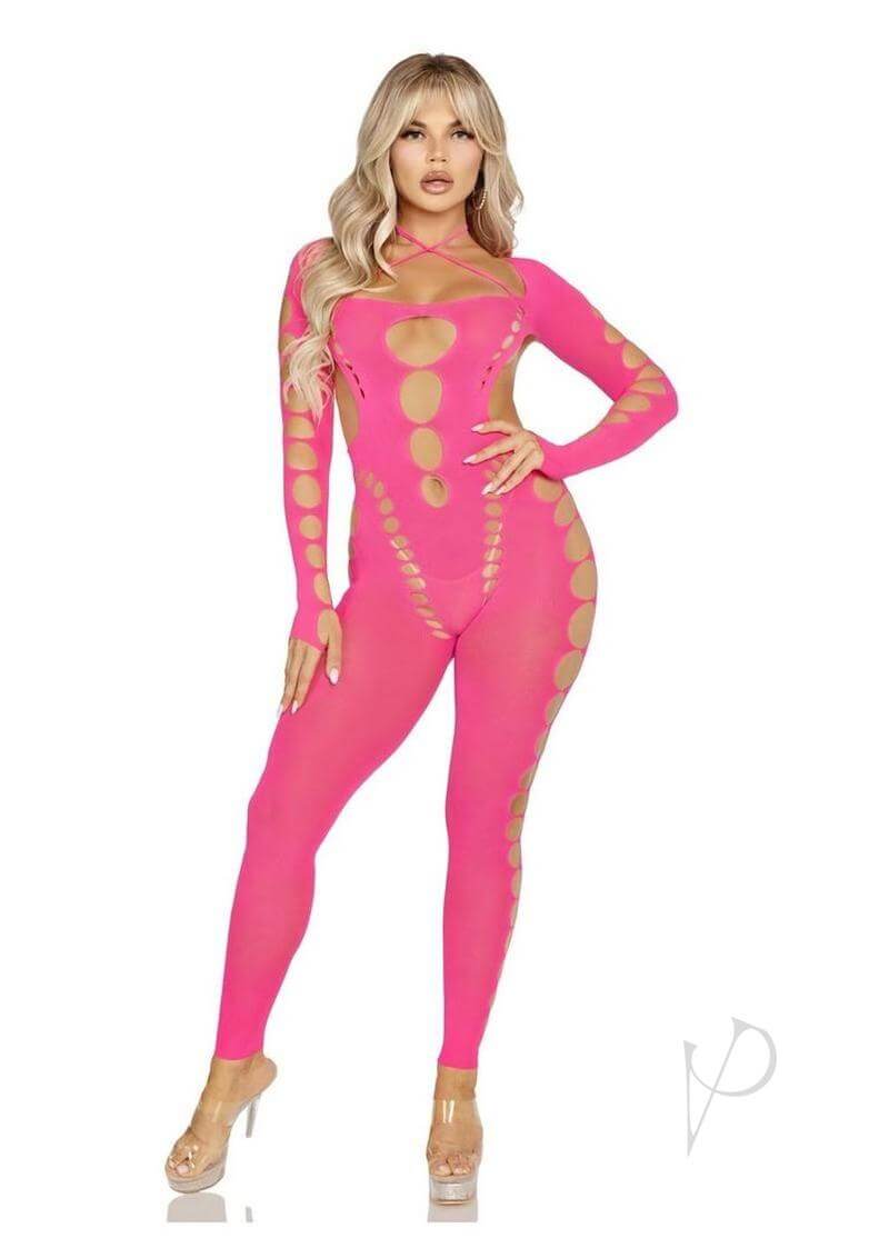 Leg Avenue Seamless Opaque Cut Out Bodystocking in Pink, showcasing a seductive and curve-enhancing design.
