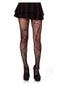 Black net tights with stitched design, worn with a black skirt and high heels, perfect for a stylish and edgy look.