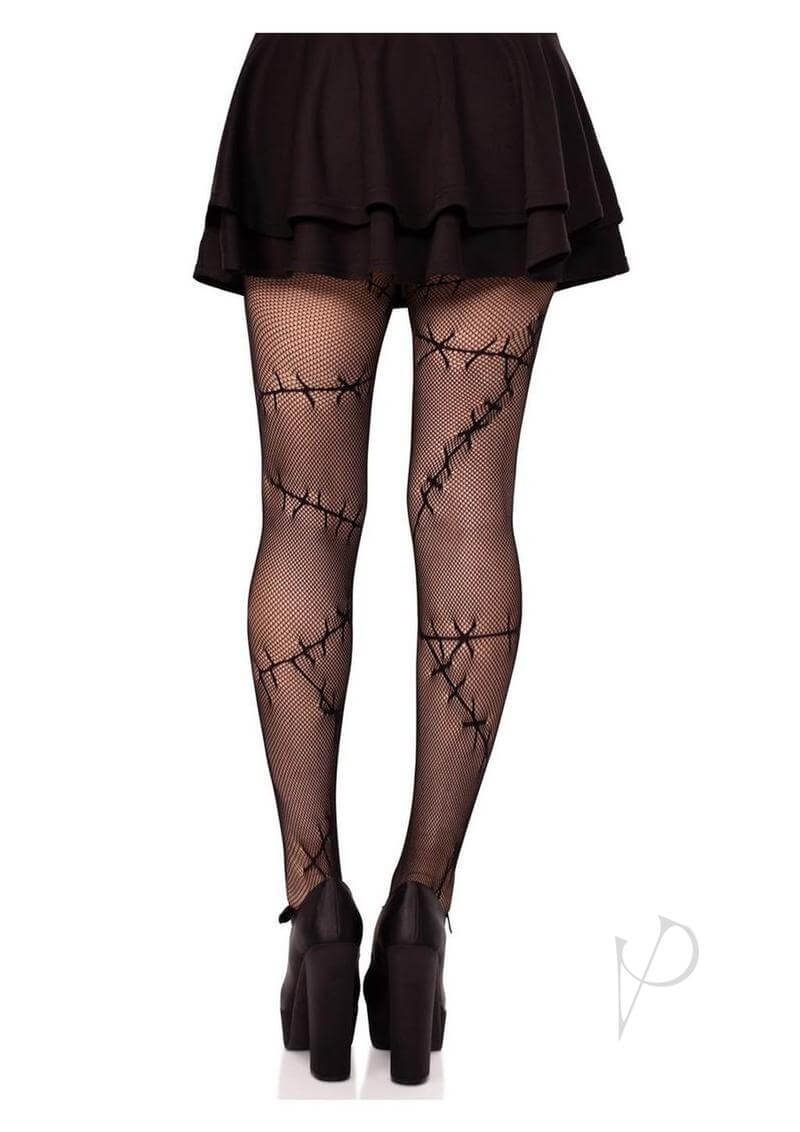 Black Leg Avenue Stiched Up Net Tights showcased with a skirt, highlighting the stylish stitched design.