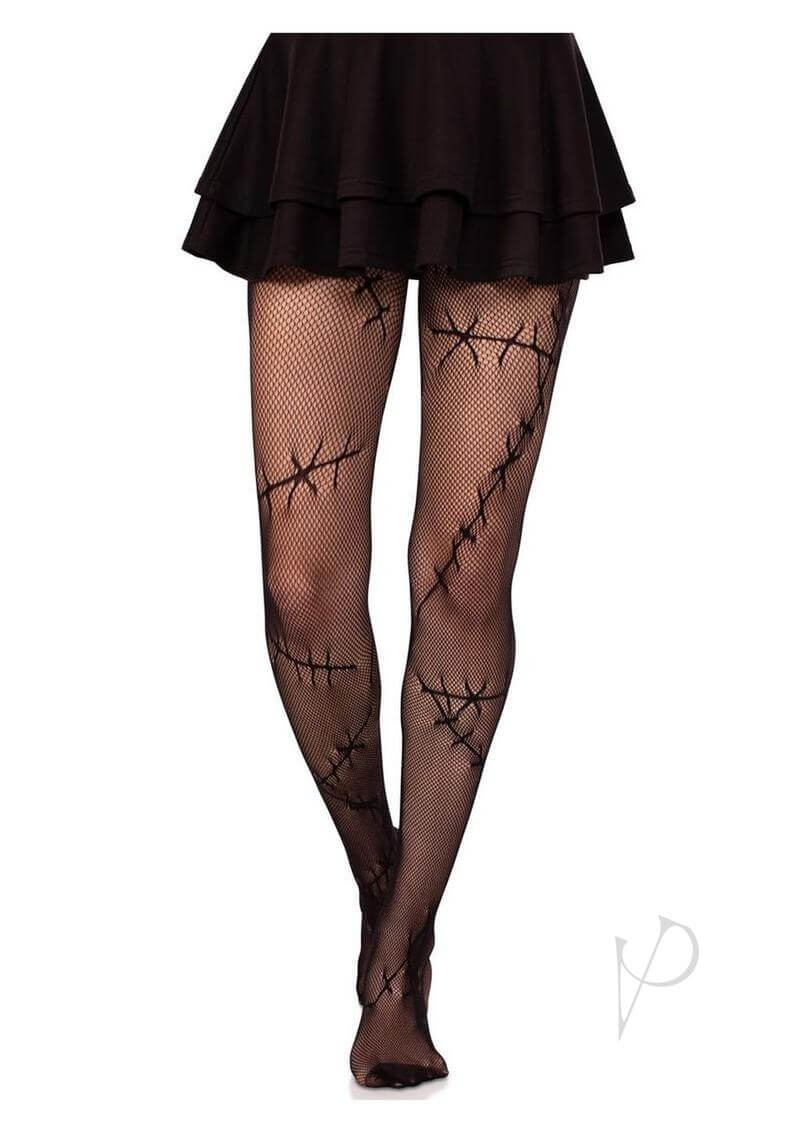 Leg Avenue Stiched Up Net Tights in black, featuring a chic stitched design, perfect for adding elegance to any outfit.