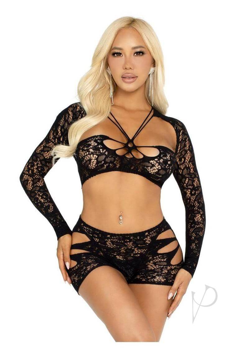 Leg Avenue black lace bra top and boy shorts set featuring side cut-outs and long sleeves.