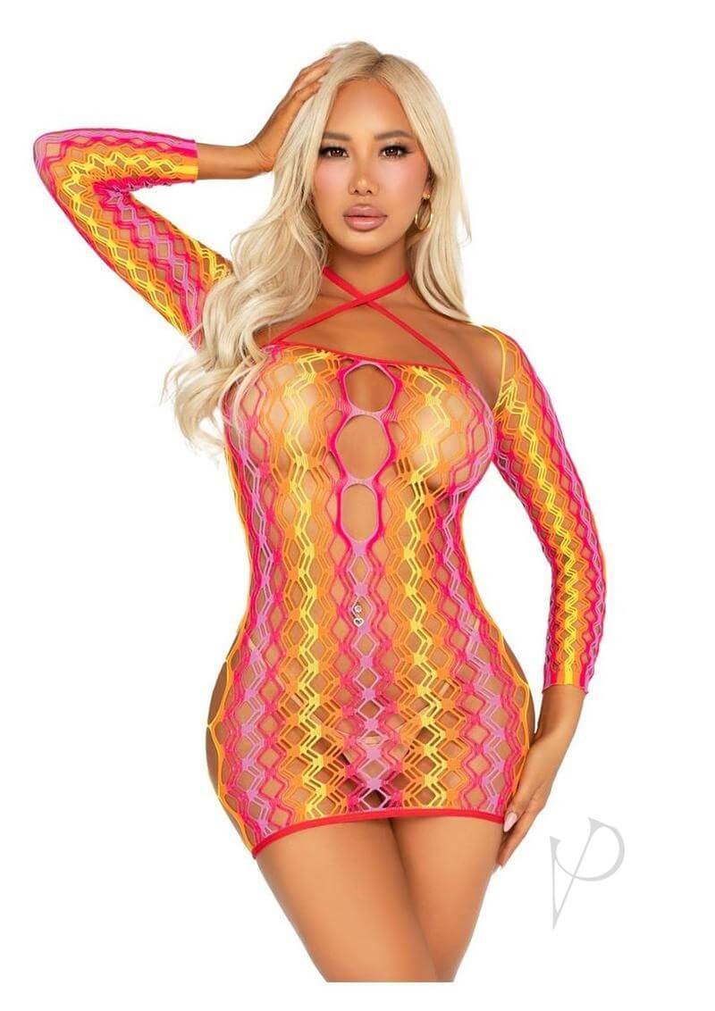 Model wearing Leg Avenue Zig Zag Net Twist Halter Mini Dress in vibrant colors, showcasing a sensual lingerie design.
