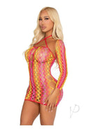 Leg Avenue Zig Zag Net Twist Halter Mini Dress 2 Piece showcasing a model in a vibrant, colorful mesh design.