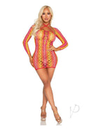Leg Avenue Zig Zag Net Twist Halter Mini Dress in vibrant pink and yellow, perfect for a seductive look.