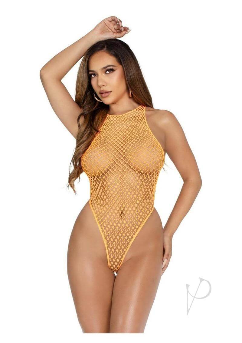 Leg Avenue orange industrial net snap crotch tank bodysuit, showcasing a sensual and curve-enhancing design.