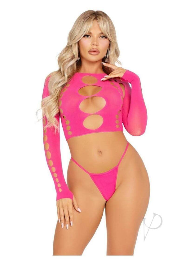 Model wearing Leg Avenue pink seamless cut out long sleeve crop top and G string, showcasing a sexy and confident look.