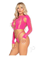 Model wearing Leg Avenue Seamless Cut Out Long Sleeve Crop Top and G String in pink, showcasing a seductive style.