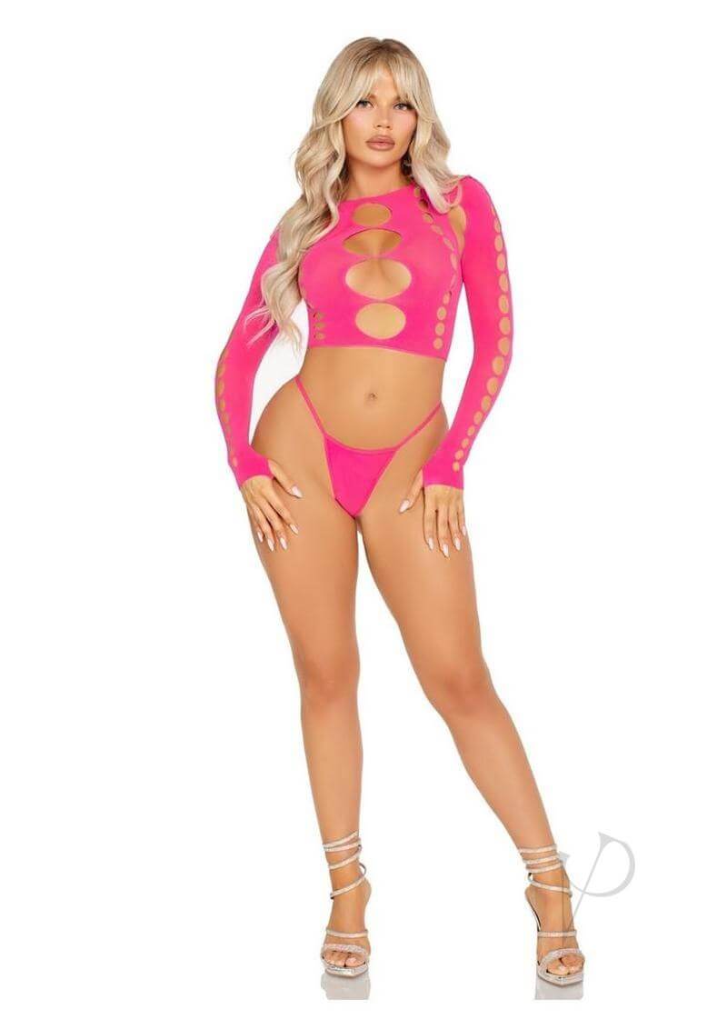 Leg Avenue Seamless Cut Out Long Sleeve Crop Top G String in pink, showcasing a sexy design to enhance curves and confidence.