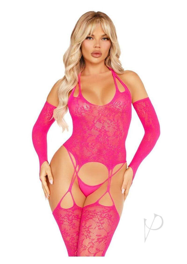 Leg Avenue Lace Halter Footless Cami Garter with Stockings in vibrant pink, featuring lace and matching arm warmers.