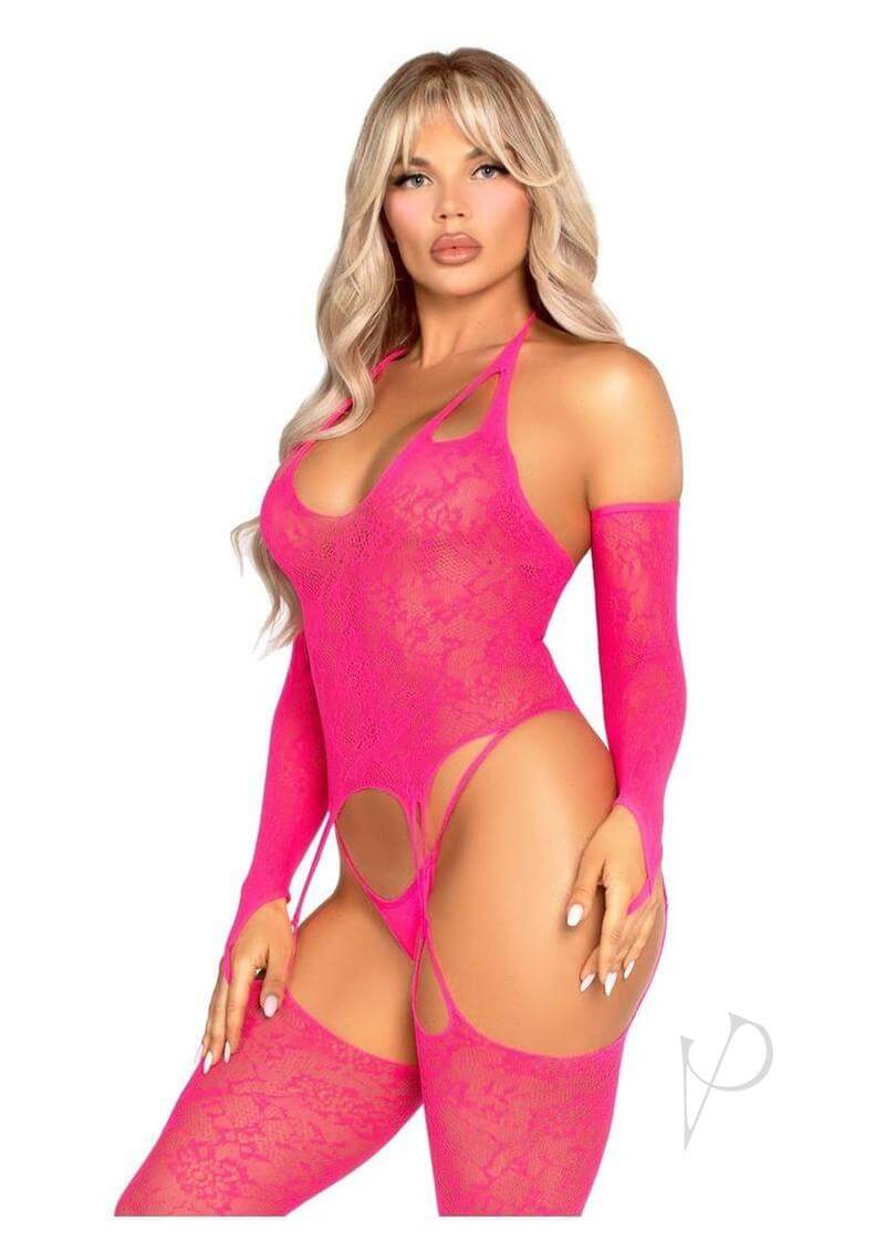 Leg Avenue Lace Halter Footless Cami Garter with Stockings in pink with arm warmers and lace design.
