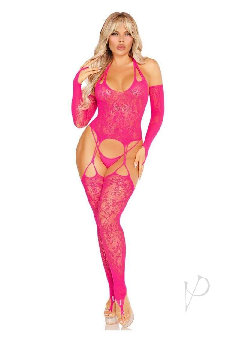Leg Avenue Lace Halter Footless Cami Garter with Stockings in vibrant pink with lace design and arm warmers.