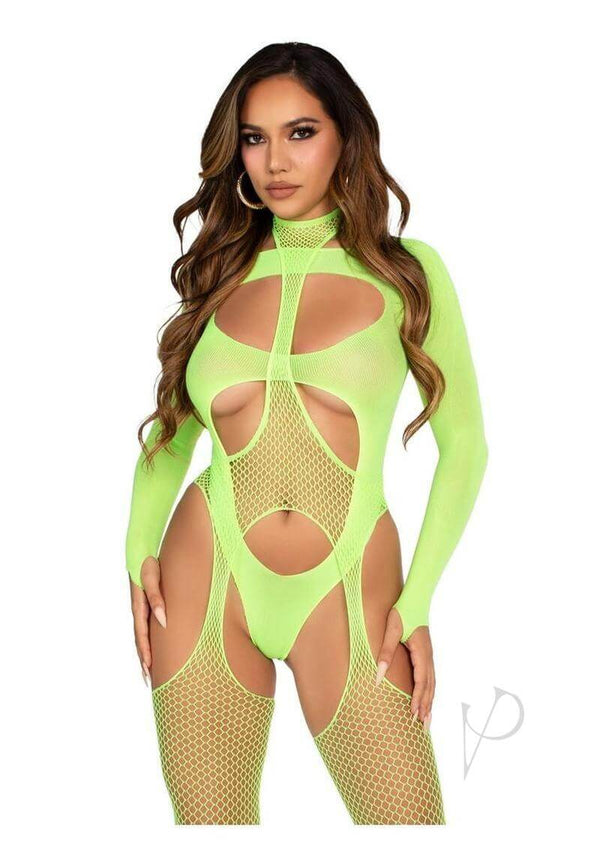 Leg Avenue green fishnet halter suspender bodystocking with cut-out design, stylish and sultry lingerie for confidence.