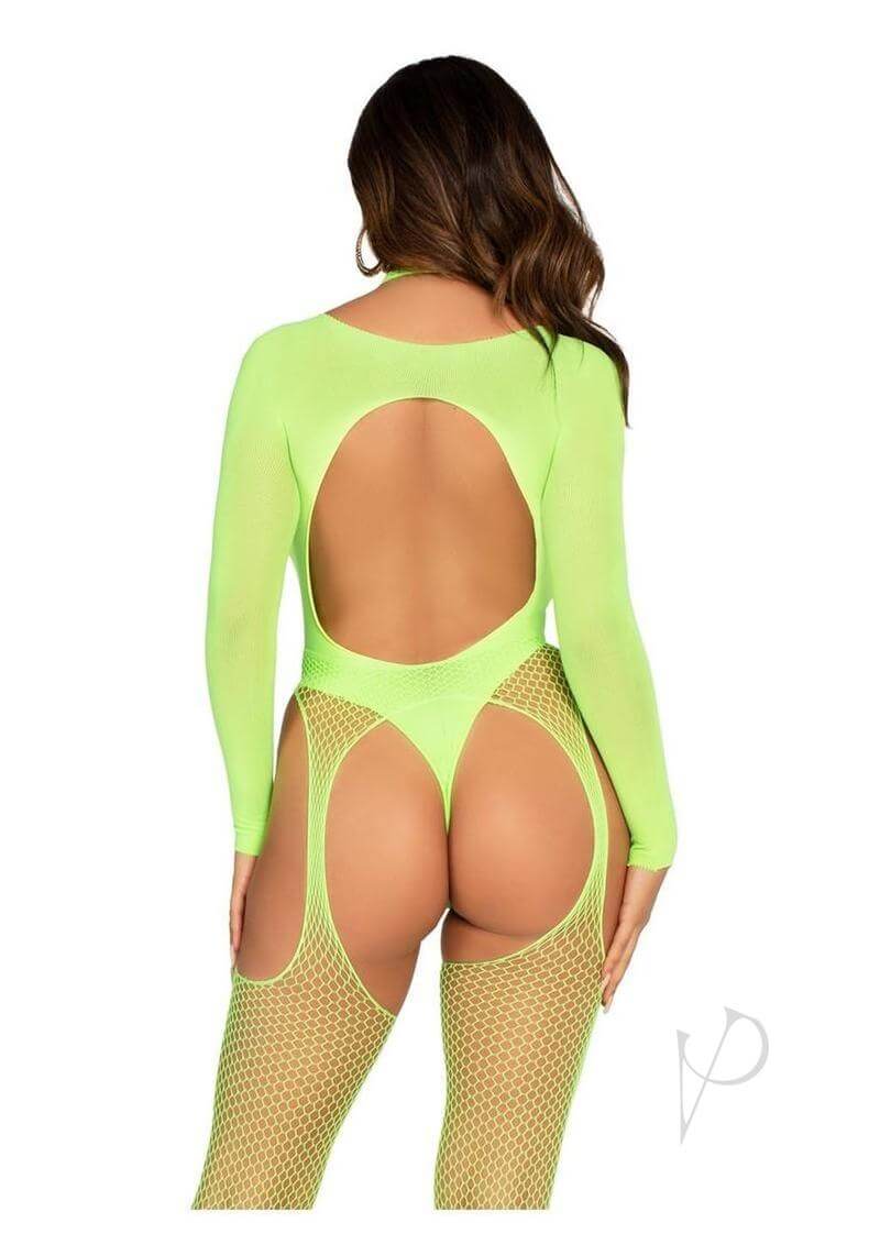 Back view of Leg Avenue green fishnet halter bodystocking showcasing cut-out design and layered opaque details.