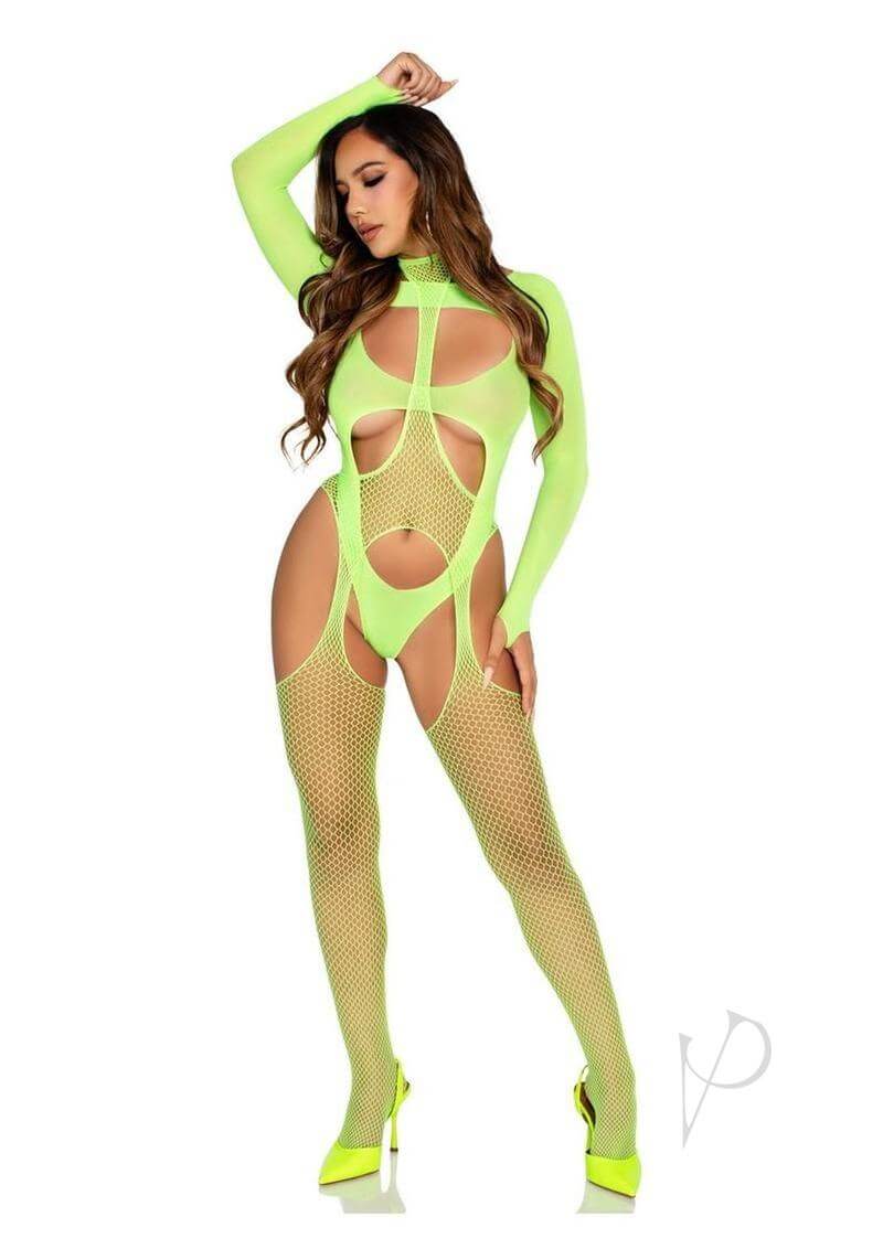 Leg Avenue green fishnet halter suspender bodystocking with cut-outs, showcasing elegance and sensuality in lingerie.