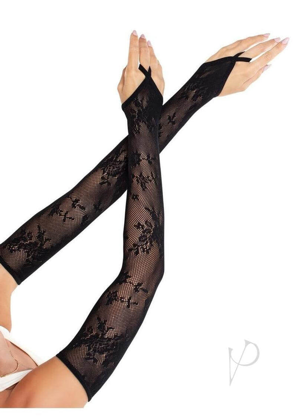 Leg Avenue Floral Net Extra Long Gauntlet Arm Warmers in Black, perfect for adding a seductive touch to your outfit.