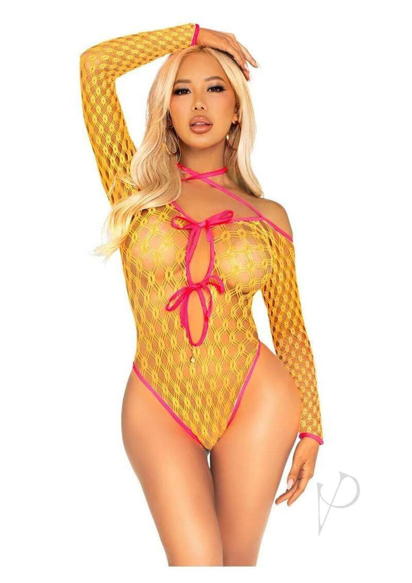 Leg Avenue Eyelet Net Teddy in vibrant yellow with pink tie front keyhole detail, showcasing elegance and sensuality.