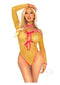 Leg Avenue Eyelet Net Teddy in vibrant yellow with pink tie front keyhole detail, showcasing elegance and sensuality.
