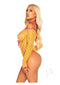 Model in a vibrant yellow eyelet net teddy with pink accents, showcasing a tie front keyhole detail.